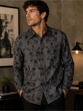 Bagutta Embroidered Floral Button Down Shirt Gray Black Men’s Large